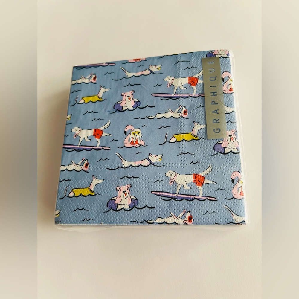 New 40 Graphique Paper Cocktail Napkins Dogs Ocean Surfing Swimmimg - Picture 13 of 16